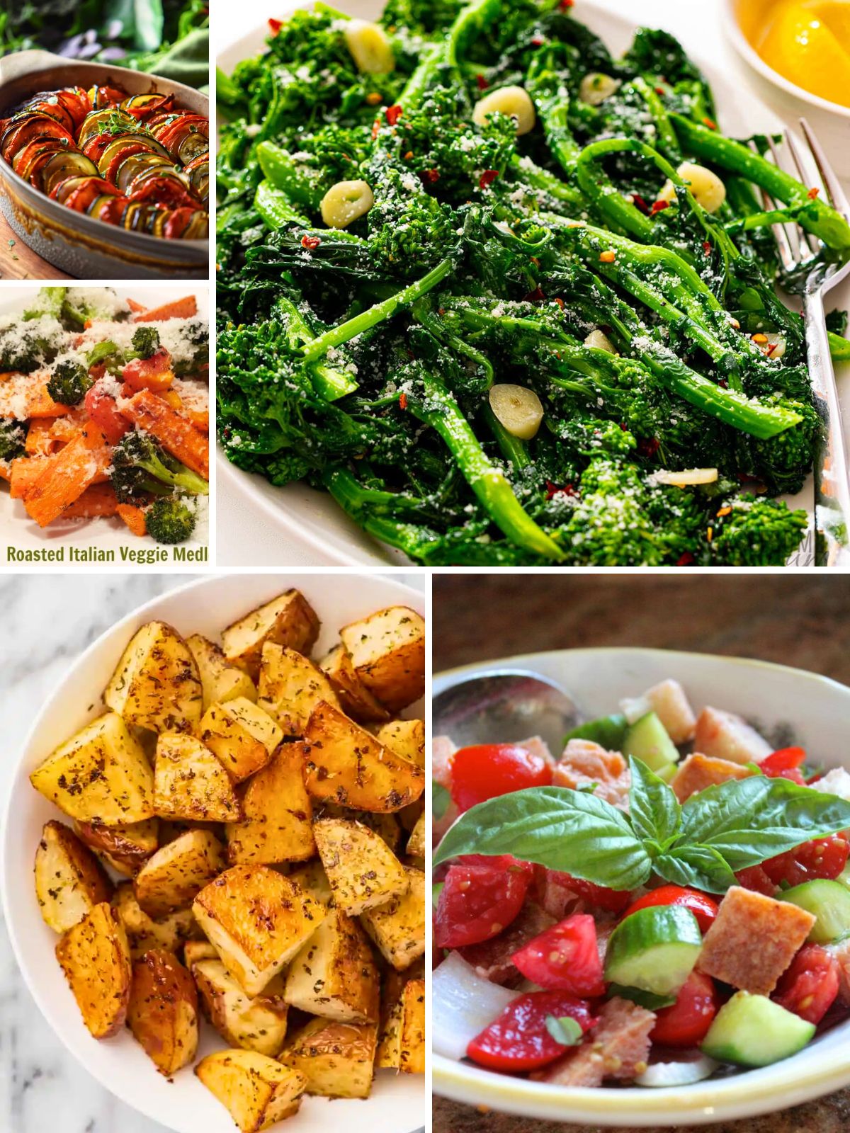 Italian Easter side dishes including roasted potatoes, broccoli rabe, asparagus, and fresh vegetable salads for a complete holiday meal