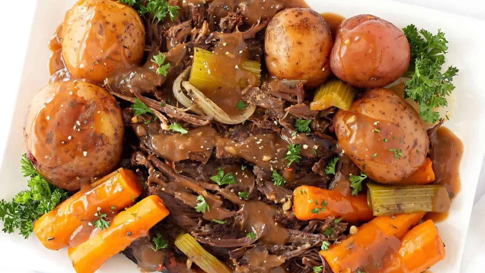 Classic Yankee pot roast cooked slowly with vegetables.