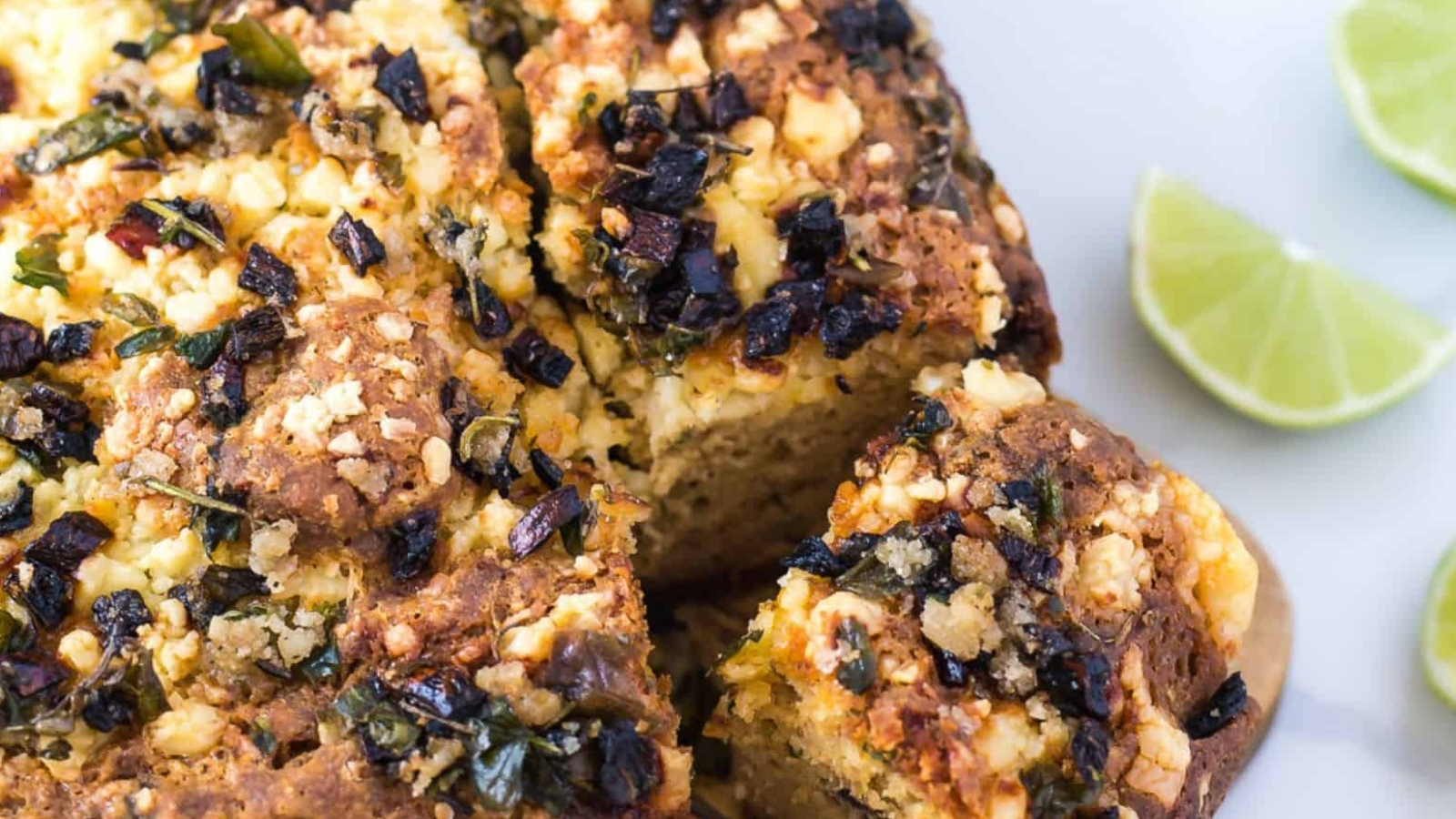 Overhead view of sliced cornbread.