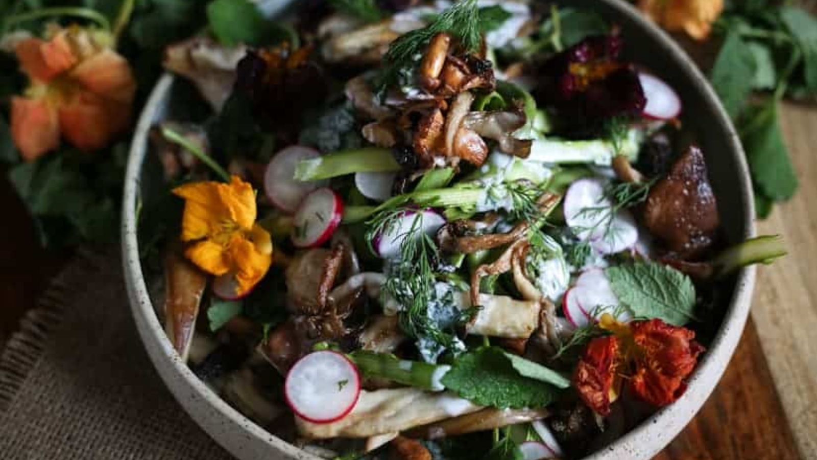 Overhead of fiddlehead salad.