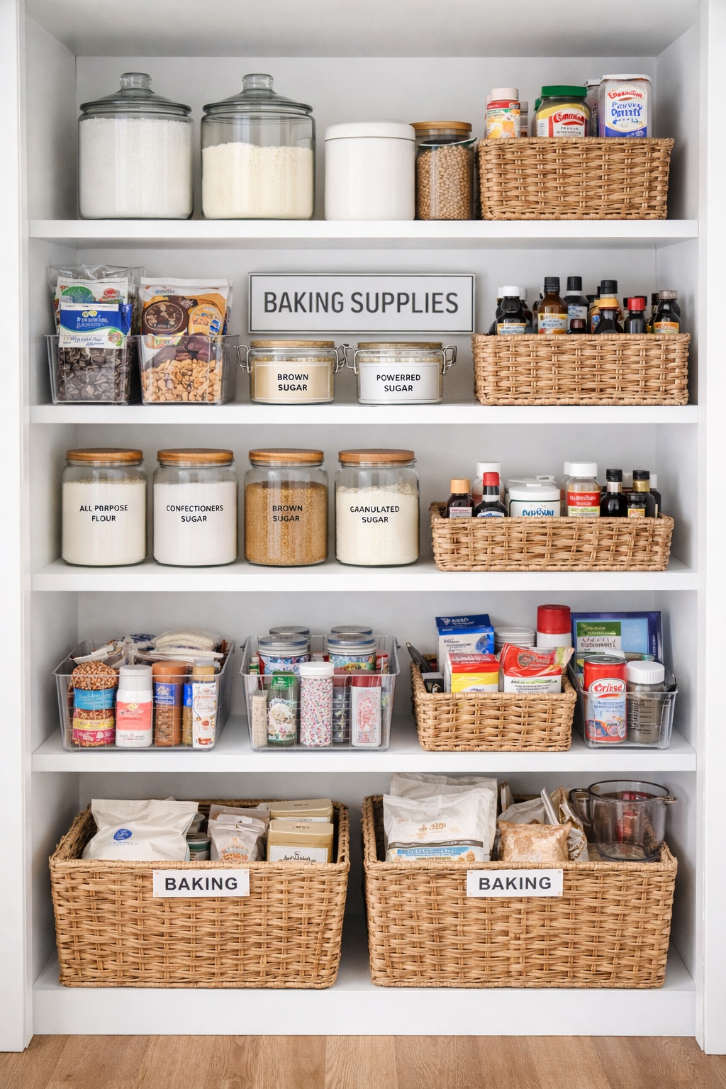 pantry shelves organized with baking goods.