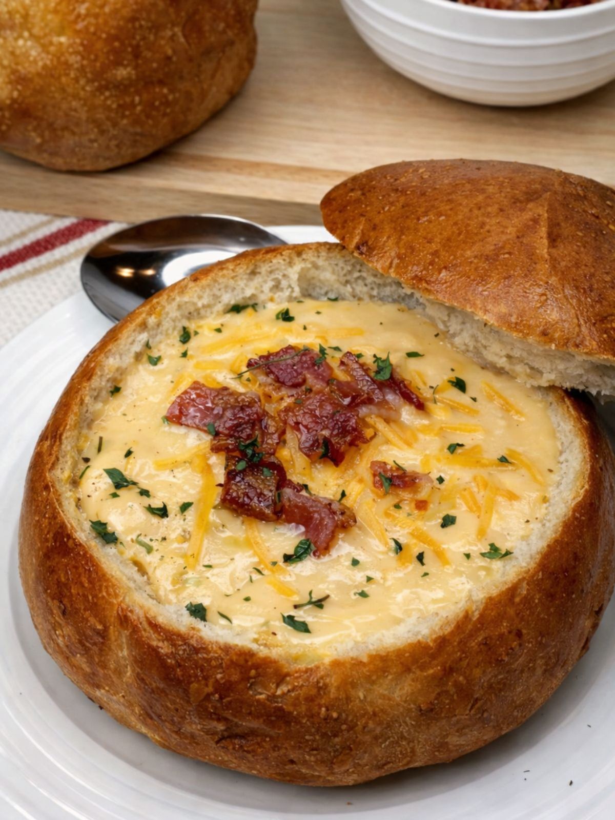 bread bowl with creamy potato soup and chopped bacon.