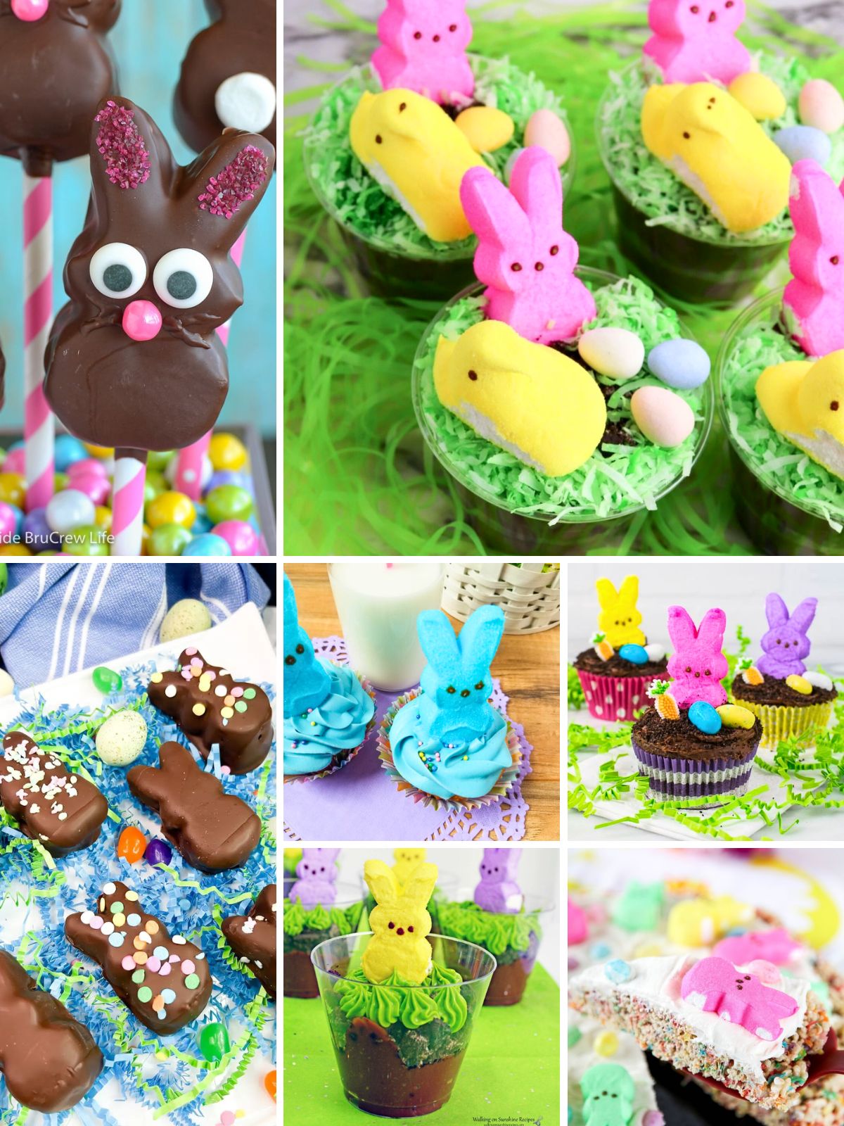 Easter bunny dessert recipes using Peeps with colorful cakes cupcakes and treats for kids.