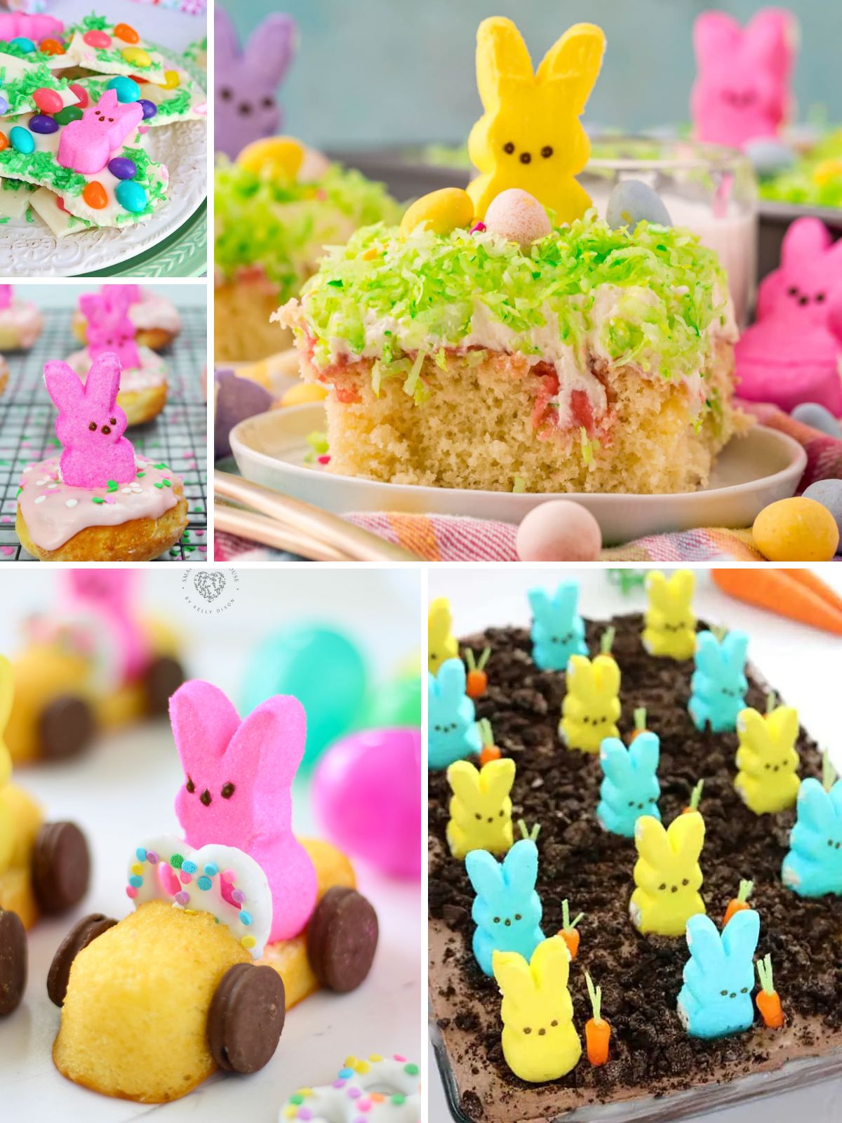 Easy Easter desserts with Peeps collage featuring marshmallow bunny treats, cookies bars and no-bake desserts for spring.