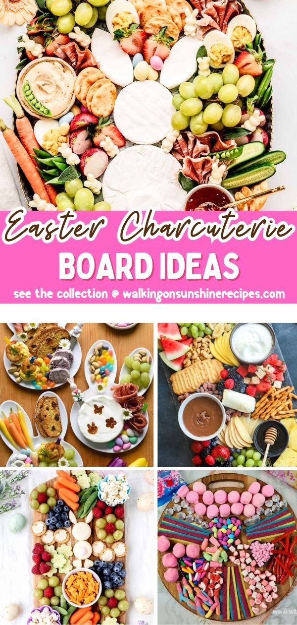 Easter charcuterie board ideas with fruit, candy, butter boards and bunny shaped snack boards for spring entertaining.