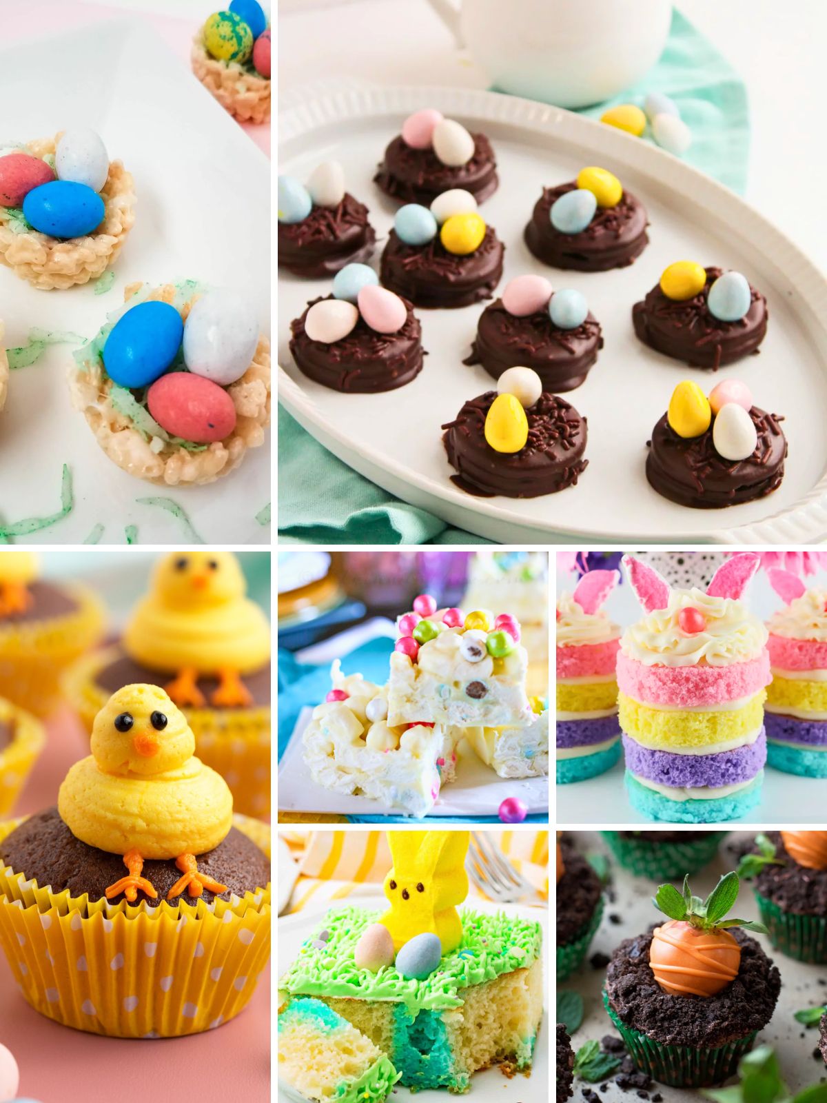 Easter desserts for kids collage with cute bunny cupcakes cookies and fun kid friendly treats.