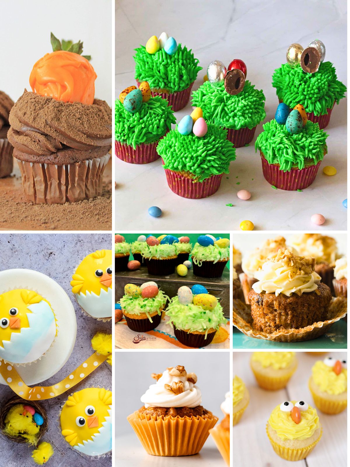 Easter cupcake ideas collage with cute bunny, chick, carrot cake, and chocolate cupcakes decorated for spring celebrations.