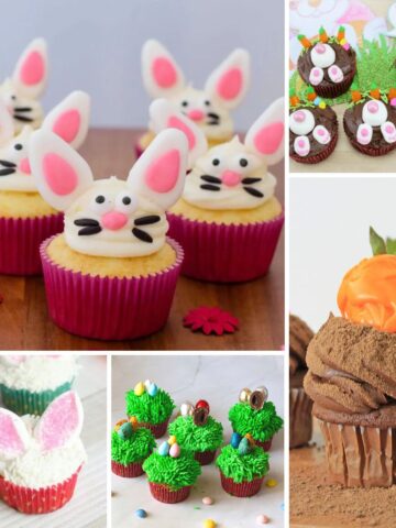 Easy Easter cupcake ideas with cute decorated cupcakes including bunny, chick, chocolate, and carrot cake designs for spring celebrations.