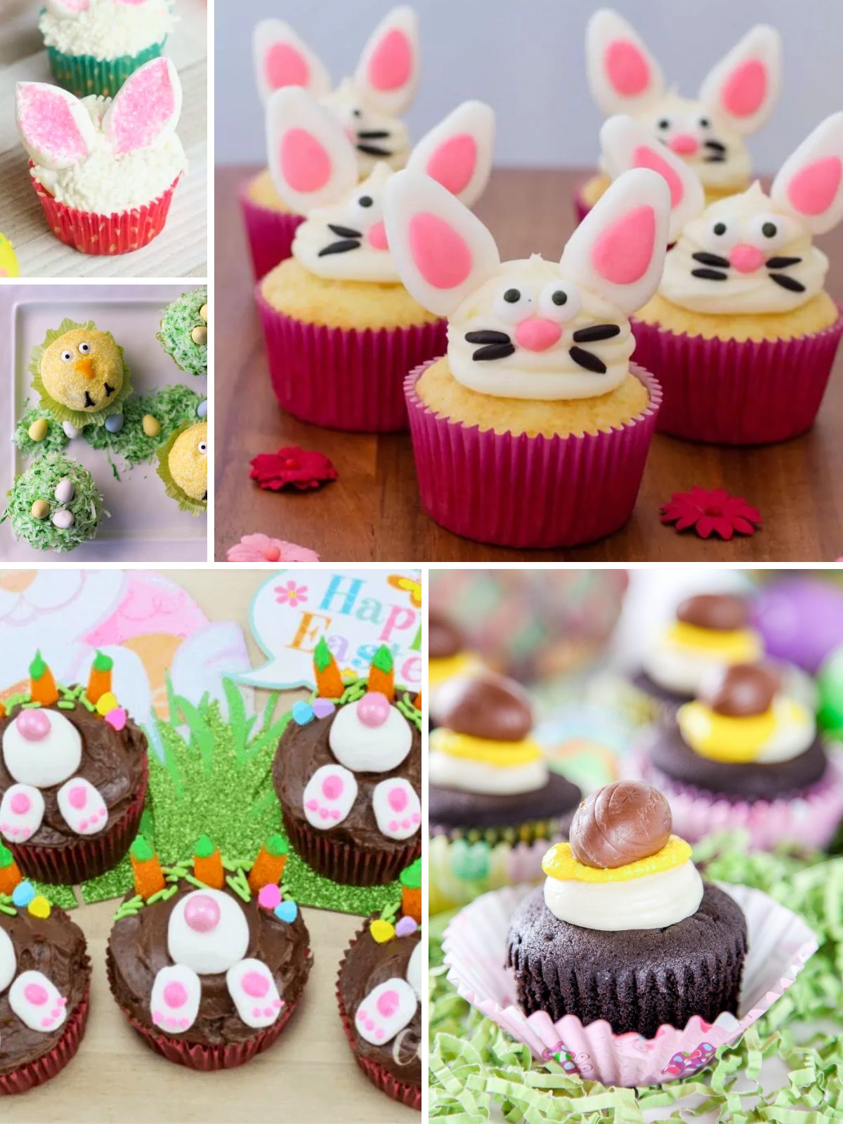 Cute Easter cupcake ideas collage featuring bunny cupcakes, chick cupcakes, carrot patch designs, and chocolate egg cupcakes for spring celebrations.