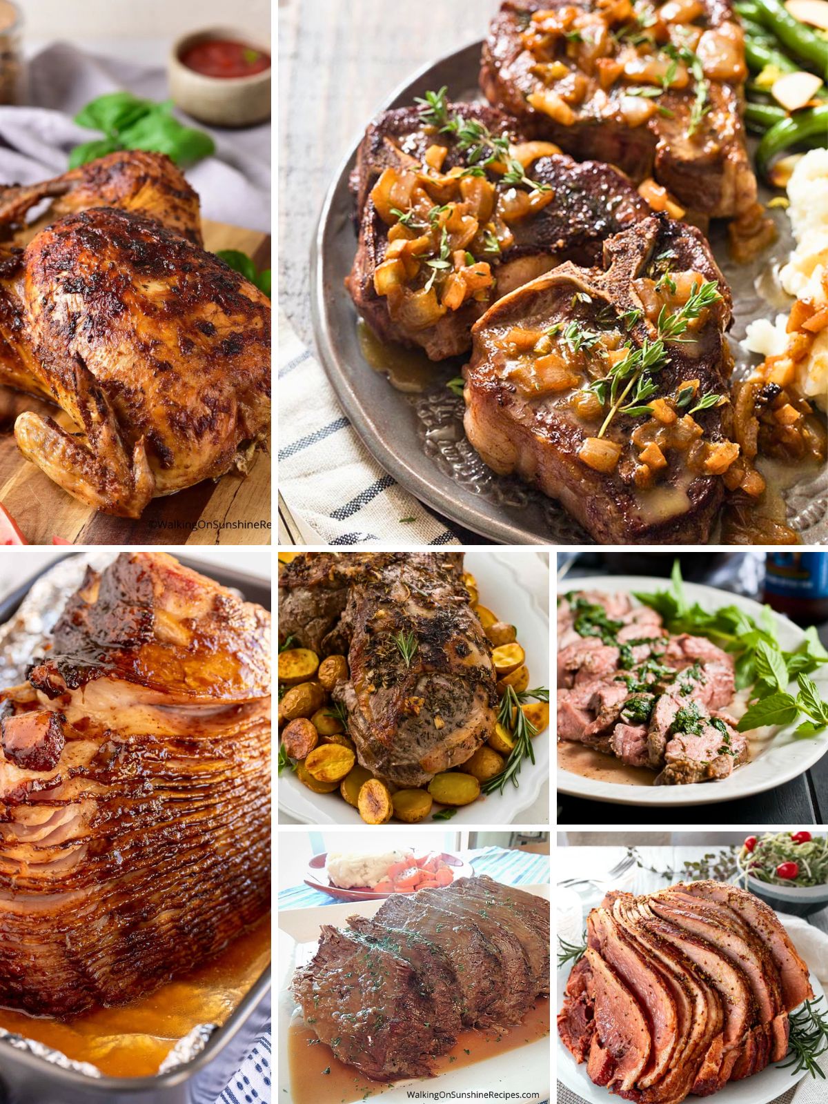 Easter dinner main dish collage featuring ham, lamb, roast chicken, and beef recipes.