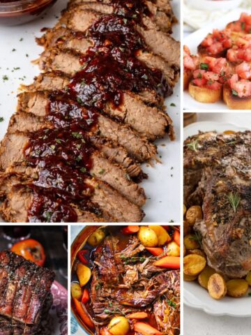 Easy Easter dinner main dish ideas featuring ham, lamb, roast chicken, and beef.