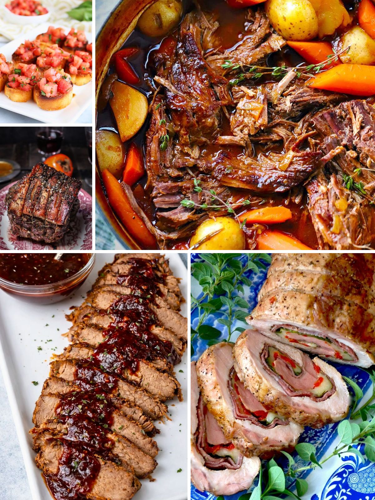 Easy Easter dinner ideas collage with ham, pot roast, pork loin, and roasted chicken recipes.