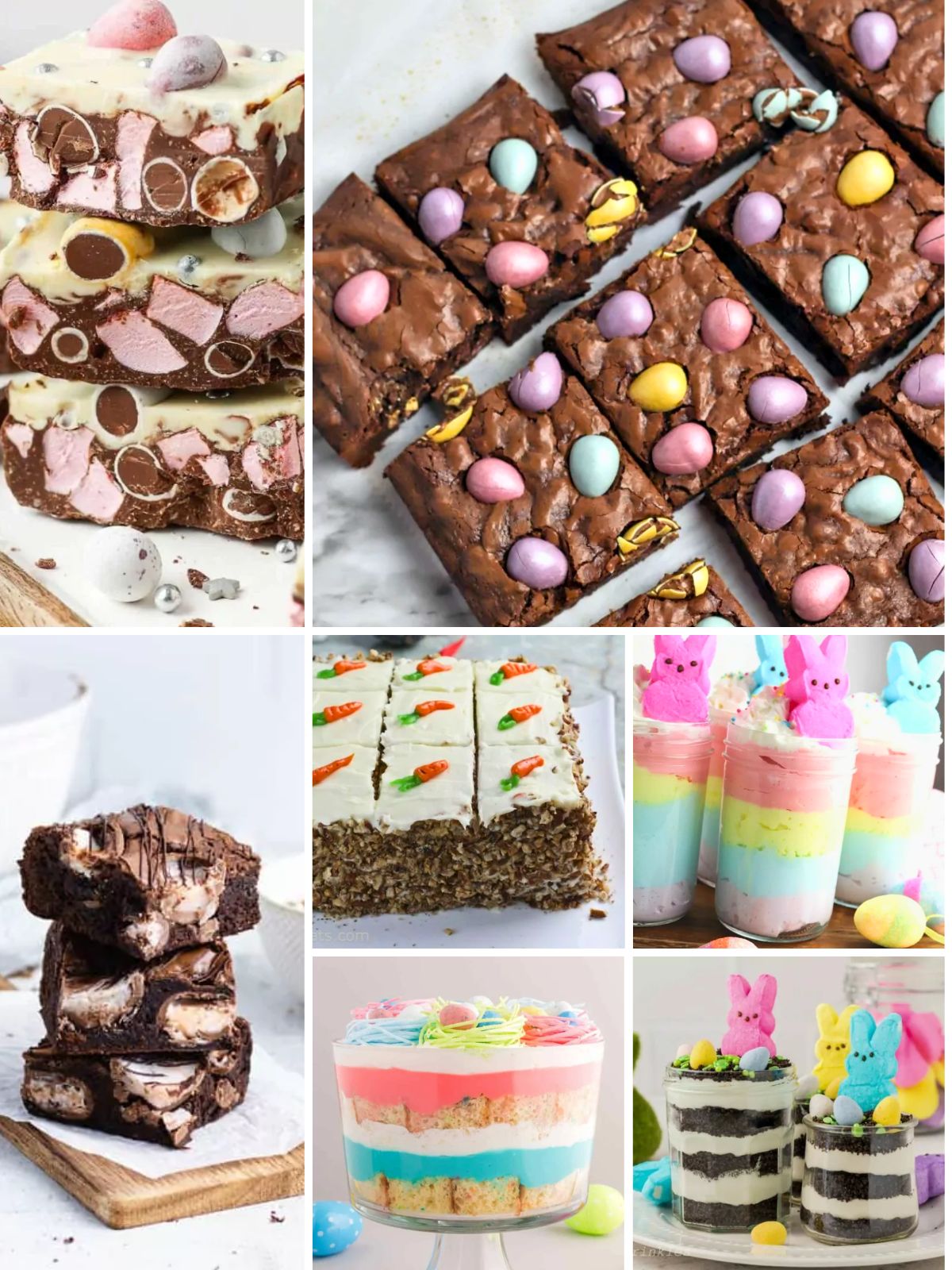 Make-ahead Easter desserts including cheesecakes, brownies, parfaits, and no-bake treats for a stress-free dessert table