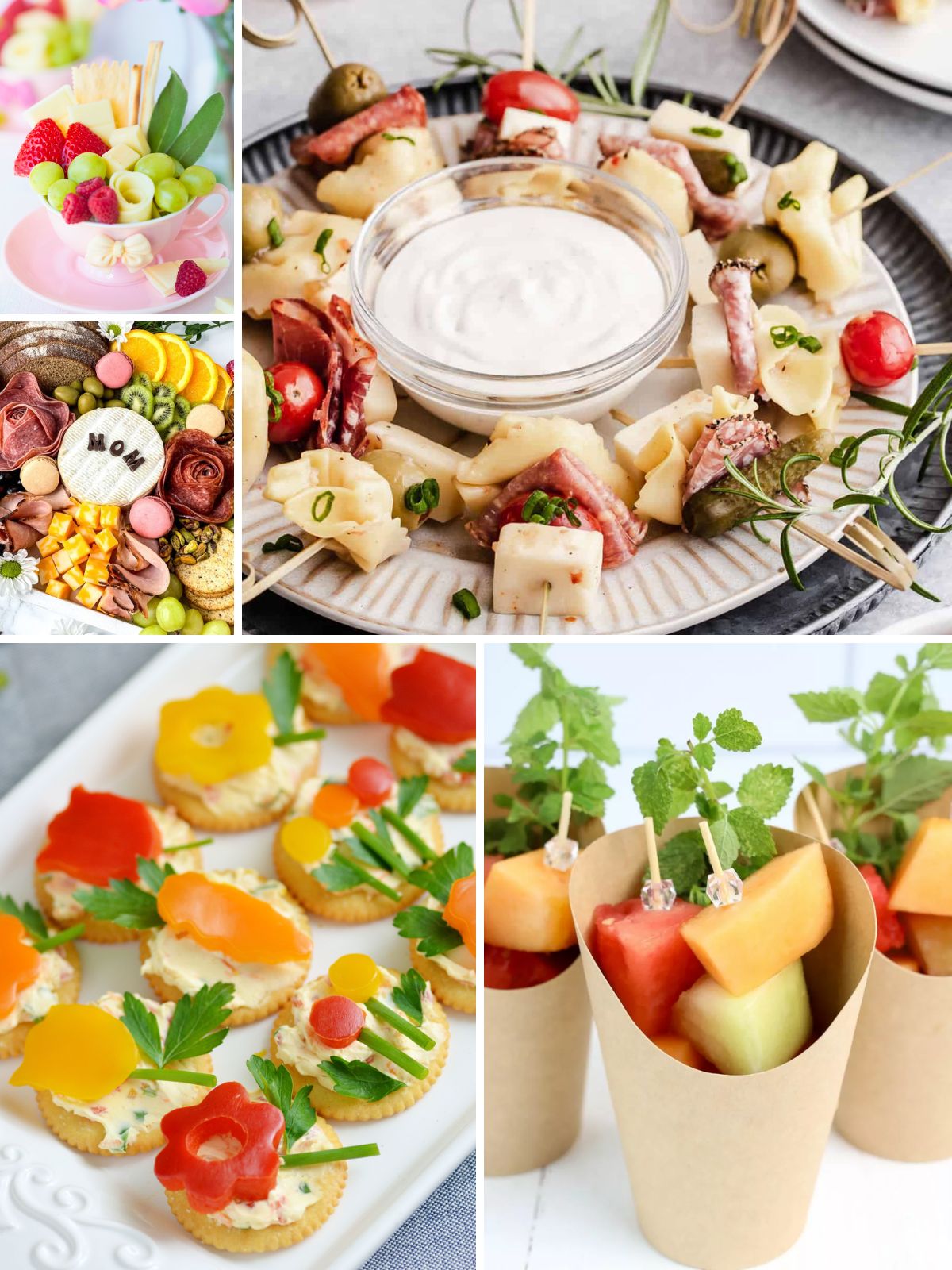 Mother’s Day appetizers including mini quiche, puff pastry bites, tomato tarts, and asparagus bundles.