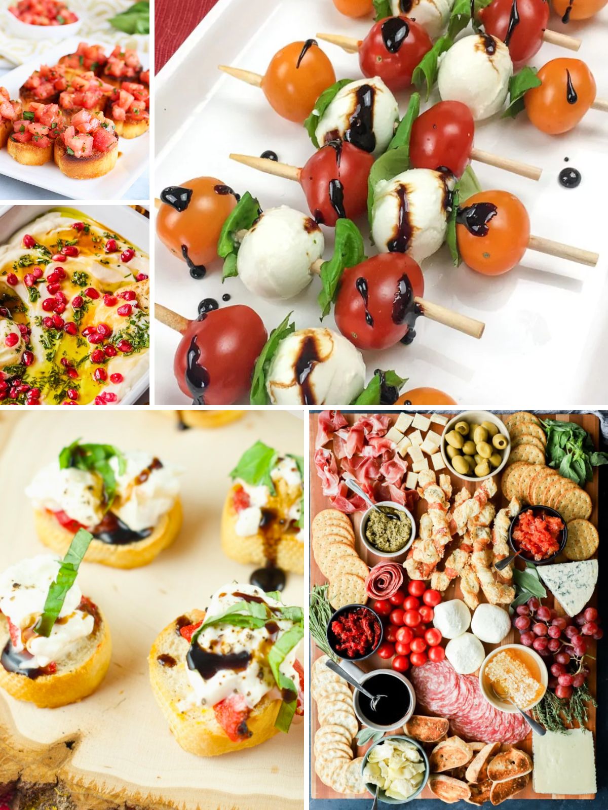 Easy Italian appetizer recipes collage with Easter antipasto, dips, bread bites, and prosciutto appetizers.