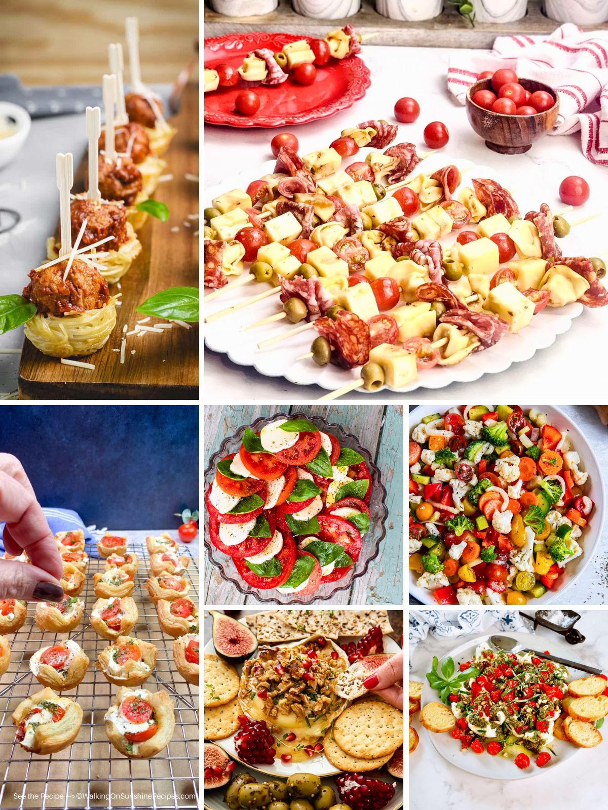 Easy Italian appetizer recipes collage with Easter antipasto, dips, bread bites, and prosciutto appetizers.