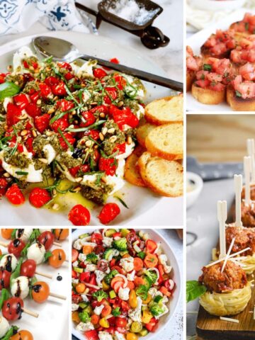 Italian Easter appetizers featuring antipasto skewers, bruschetta, crostini, charcuterie, and easy holiday starter ideas.