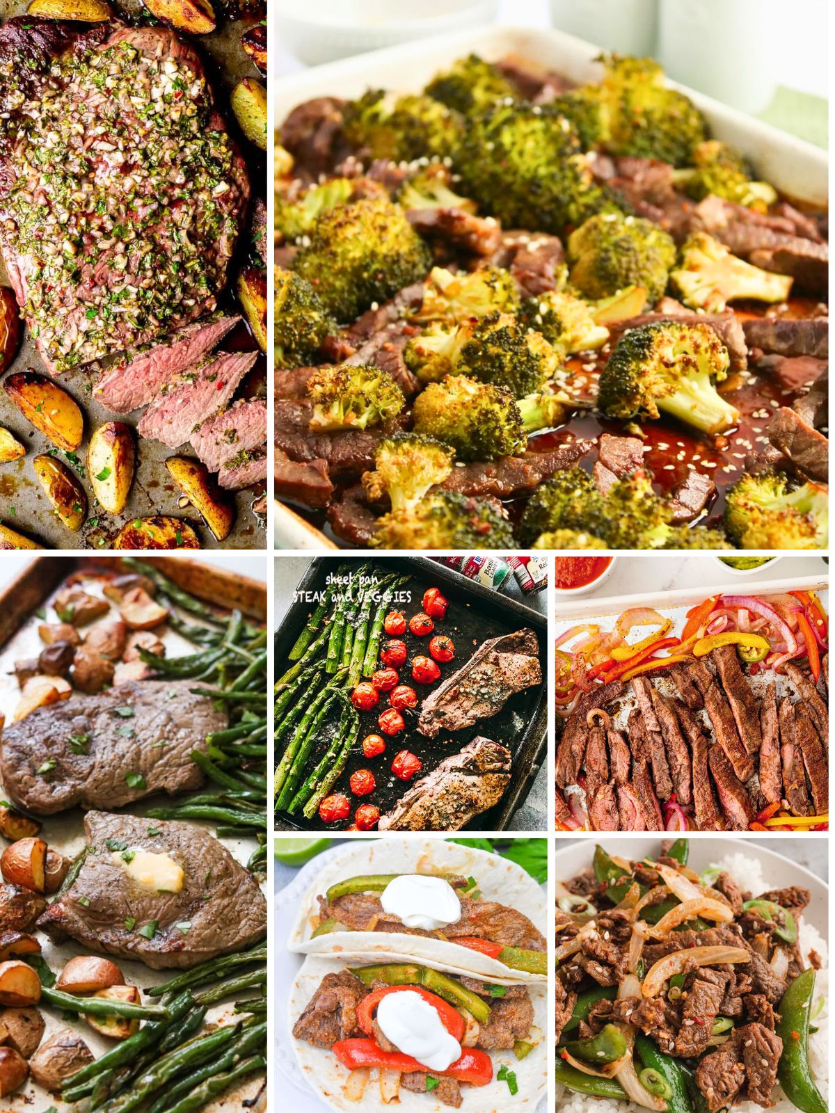 Sheet pan beef recipes including steak, potatoes, and vegetables for easy family dinners with minimal cleanup.