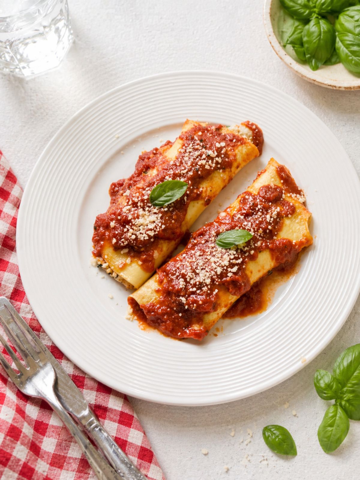 homemade manicotti with crepes on white plate with fresh basil leaves.