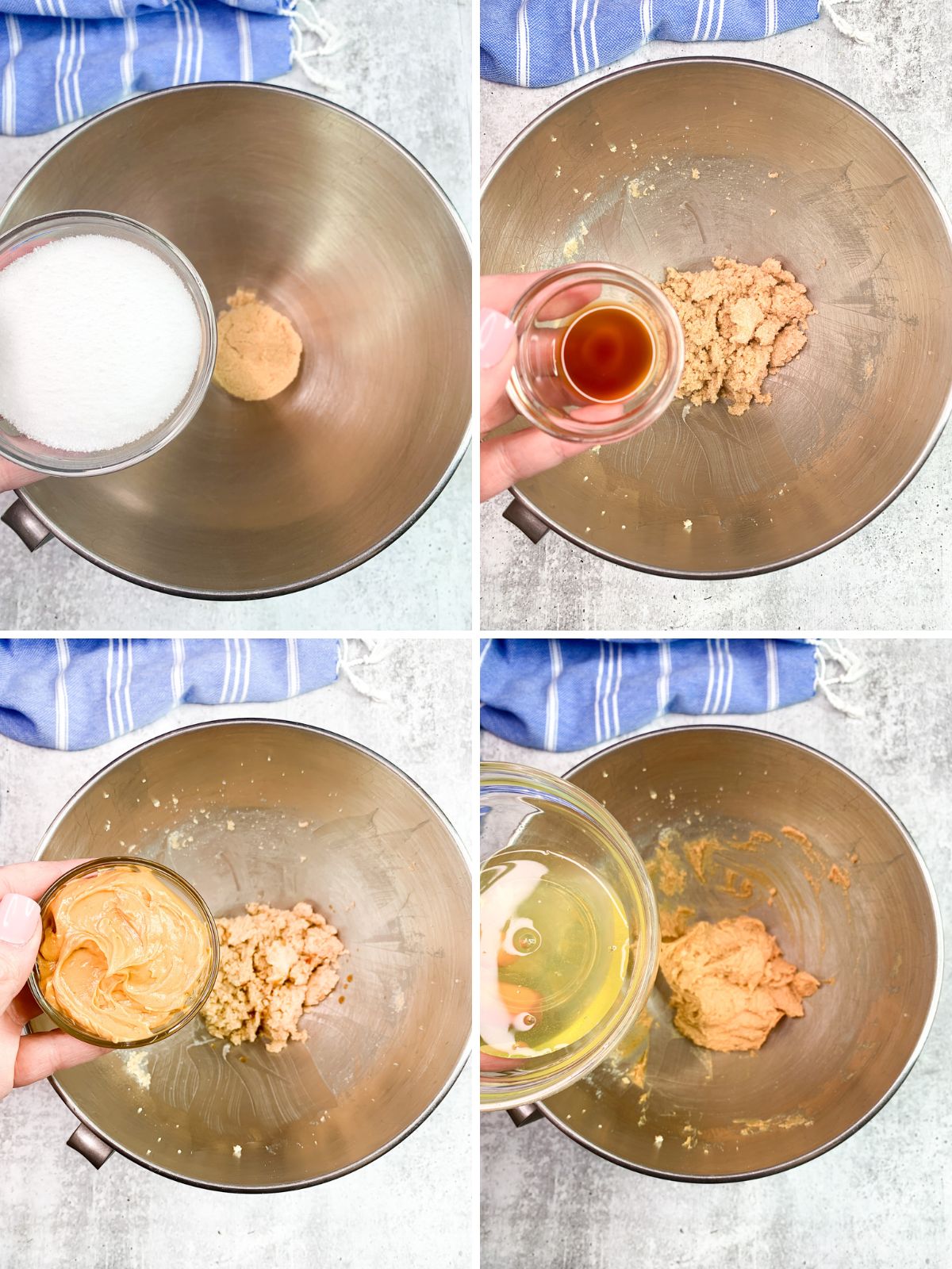 Step by step process of making sugar free peanut butter cookies with flour showing mixing sugar substitute, vanilla, peanut butter, and egg whites in a bowl.