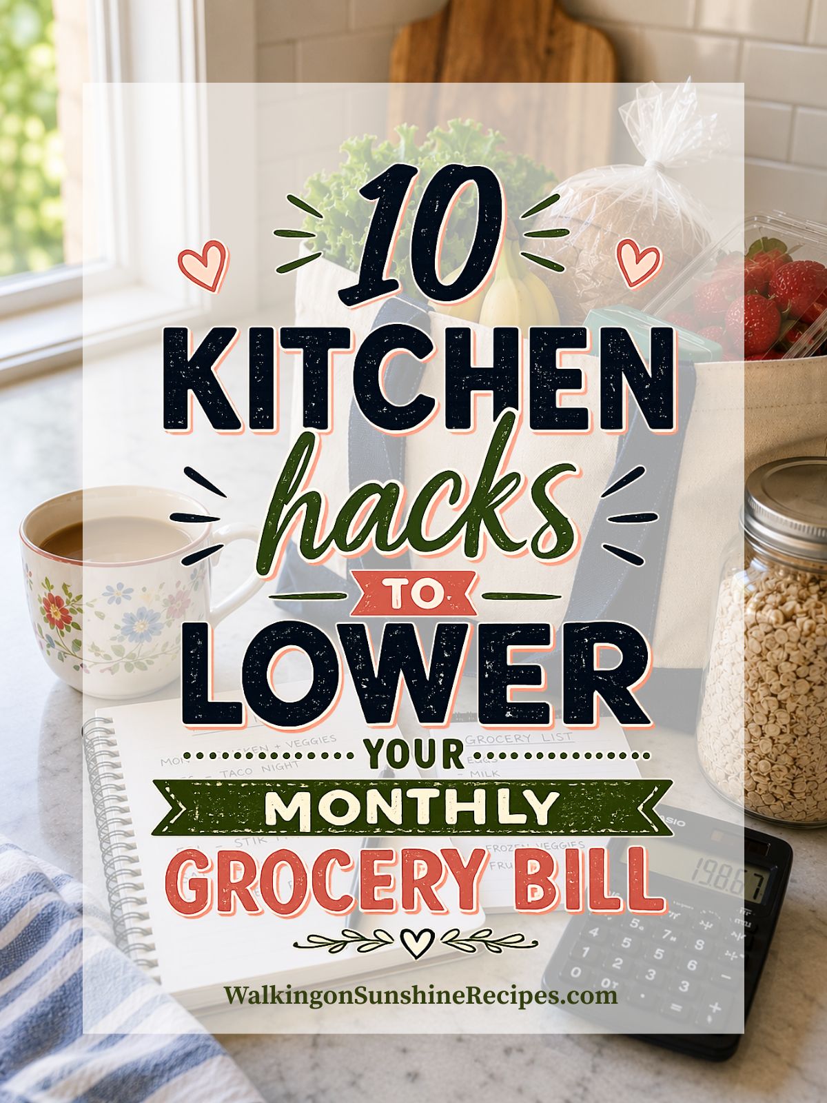 graphic for grocery budget tips featuring a grocery bag, meal planner, calculator, and text overlay reading 10 Kitchen Hacks to Lower Your Monthly Grocery Bill.