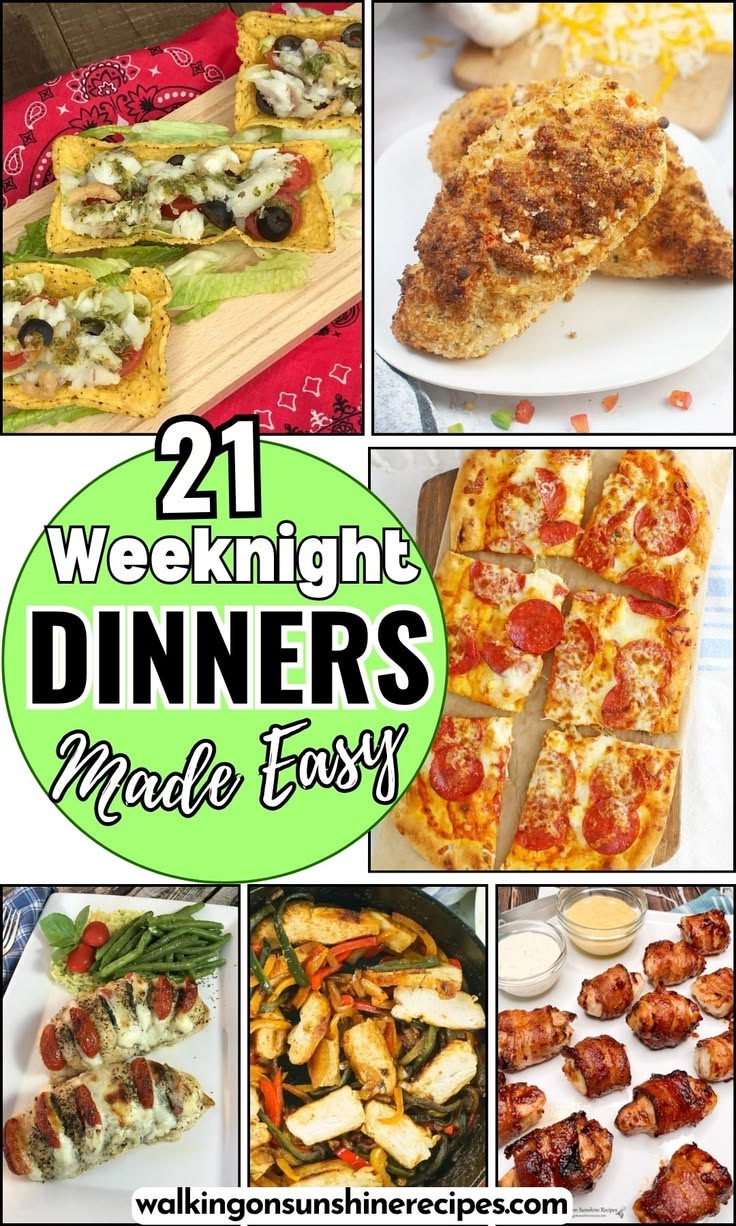 Collage photo featuring 21 easy weeknight dinner recipes including pizza, bacon-wrapped chicken, stuffed chicken, skillet chicken and vegetable meals from Walking On Sunshine Recipes.
