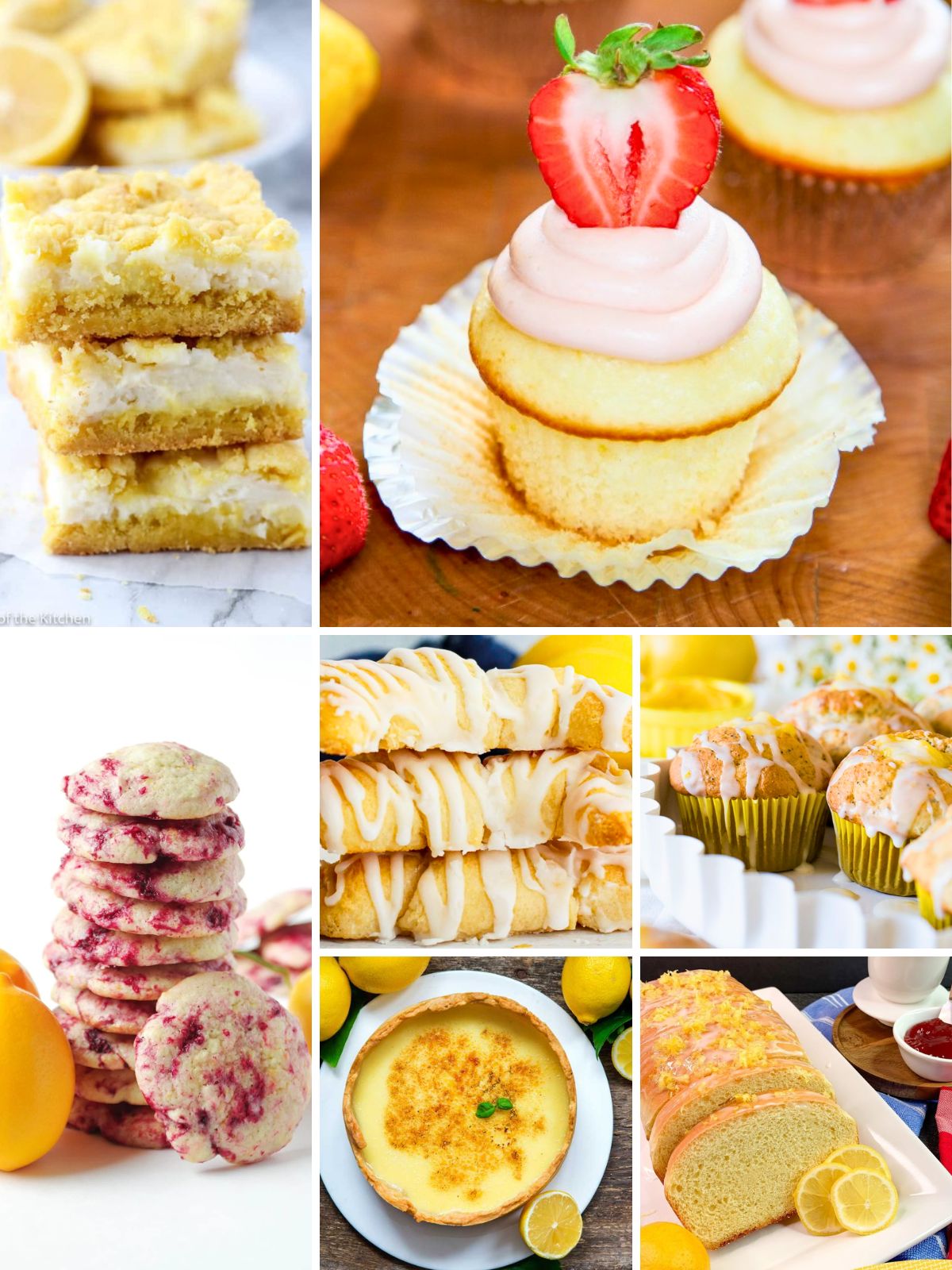 Collection of bright summer lemon dessert recipes featuring lemon cupcakes, lemon pastries, frozen lemon desserts, and citrus-flavored baked goods.