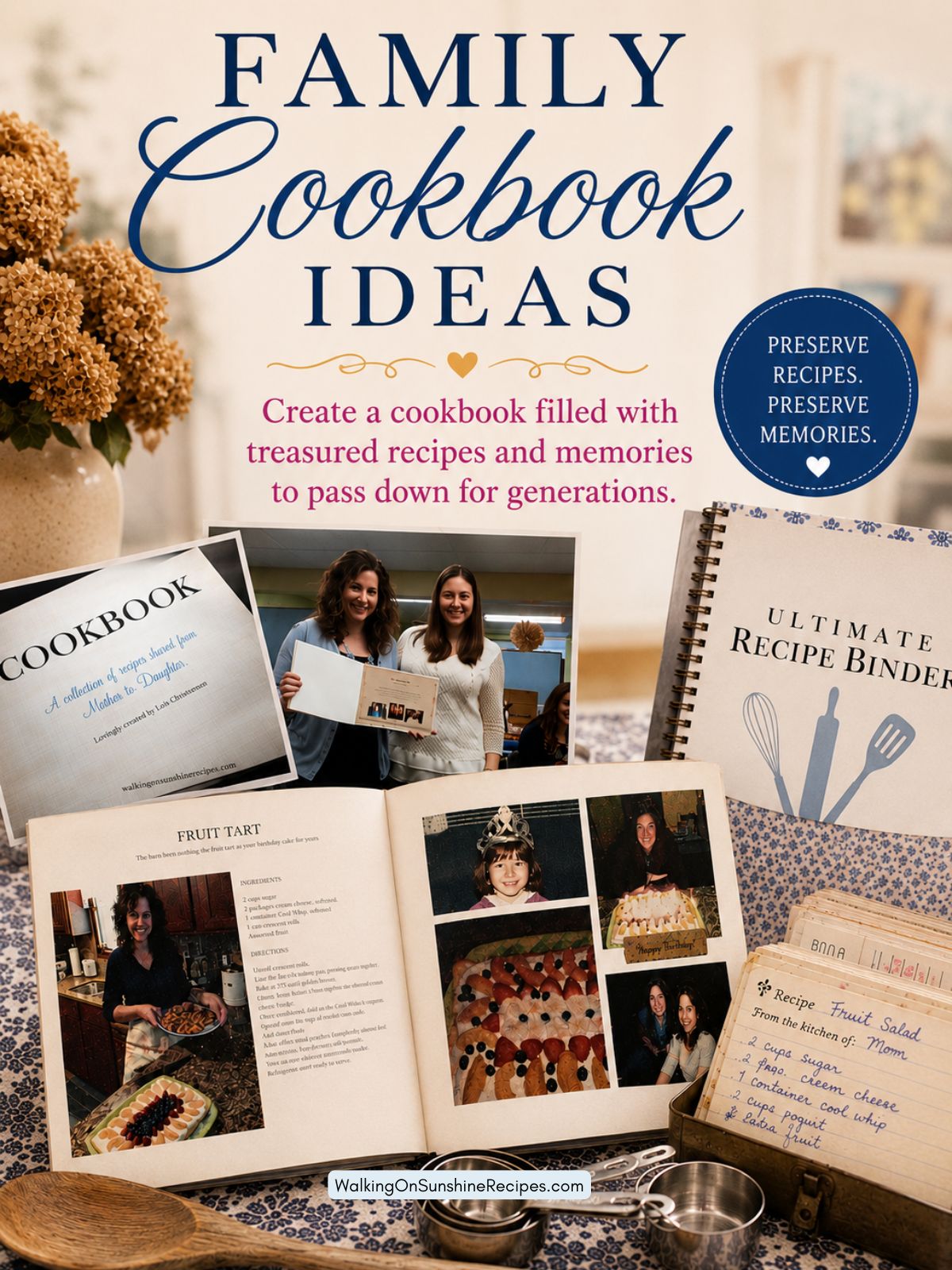 Make a Family Cookbook from Walking on Sunshine Recipes Family cookbook ideas featuring family recipes, handwritten recipe cards, and personalized cookbook pages passed down through generations.