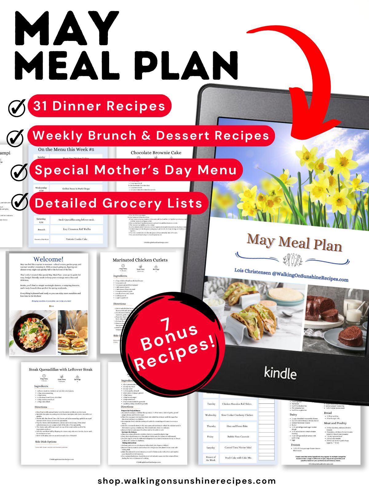 May meal plan with 31 dinner recipes, weekly brunch ideas, and printable grocery lists.