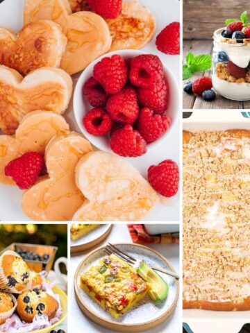 Mother’s Day brunch ideas featuring sweet and savory recipes including pancakes, quiche, cinnamon rolls, muffins, and refreshing drinks.