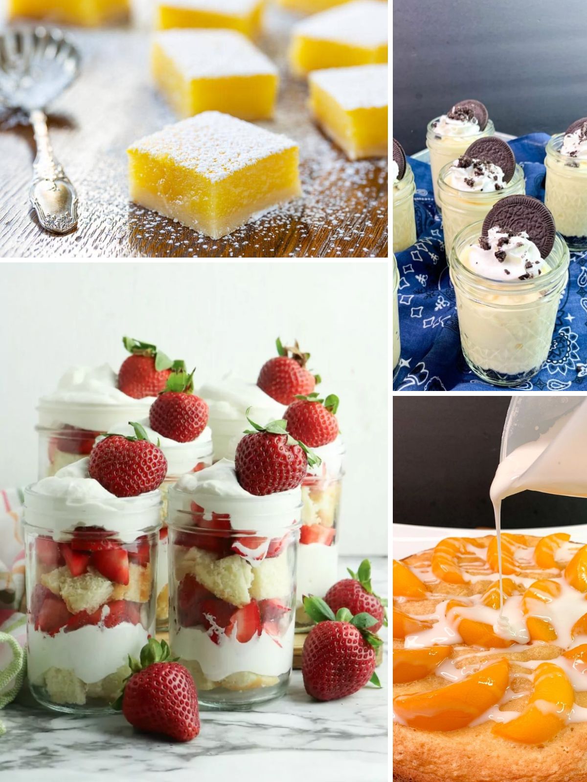 Easy brunch desserts featuring strawberry shortcake, lemon bars, coffee cake, and no-bake Oreo dessert for a crowd.