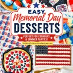 Pinterest graphic for easy Memorial Day desserts featuring red white and blue treats, no bake desserts, cookies, cakes, and pudding pops for cookouts and summer parties.
