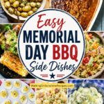 Pinterest collage featuring easy Memorial Day BBQ side dishes including baked beans, pasta salad, potato salad, deviled eggs, grilled corn, cucumber salad, and cookout recipes for summer gatherings.