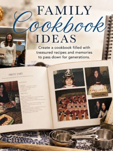 Personalized family cookbook with recipe pages, family photos, and keepsake recipe cards for preserving family traditions.