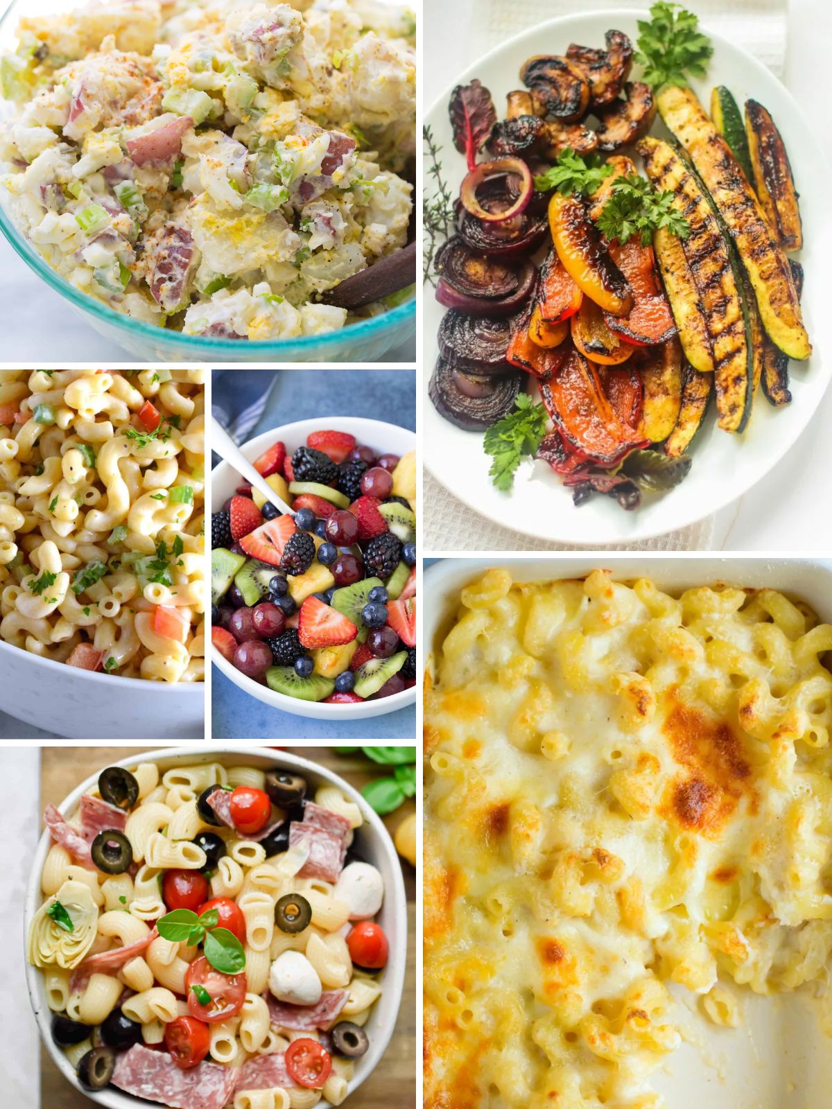 Collage featuring Memorial Day cookout side dishes including potato salad, grilled vegetables, macaroni salad, fruit salad, baked mac and cheese, and pasta salad recipes.