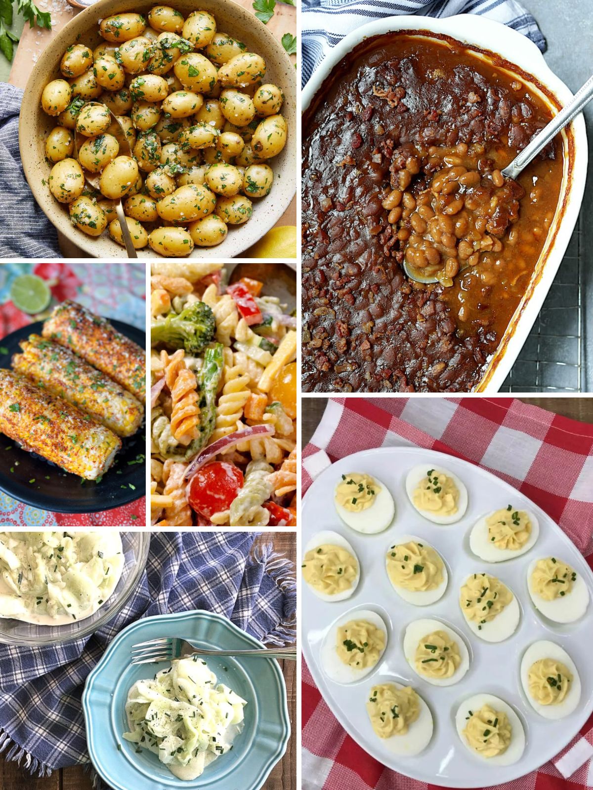 Collage of Memorial Day BBQ side dishes including baked beans, deviled eggs, grilled corn, pasta salad, garlic potatoes, and cucumber salad for summer cookouts.