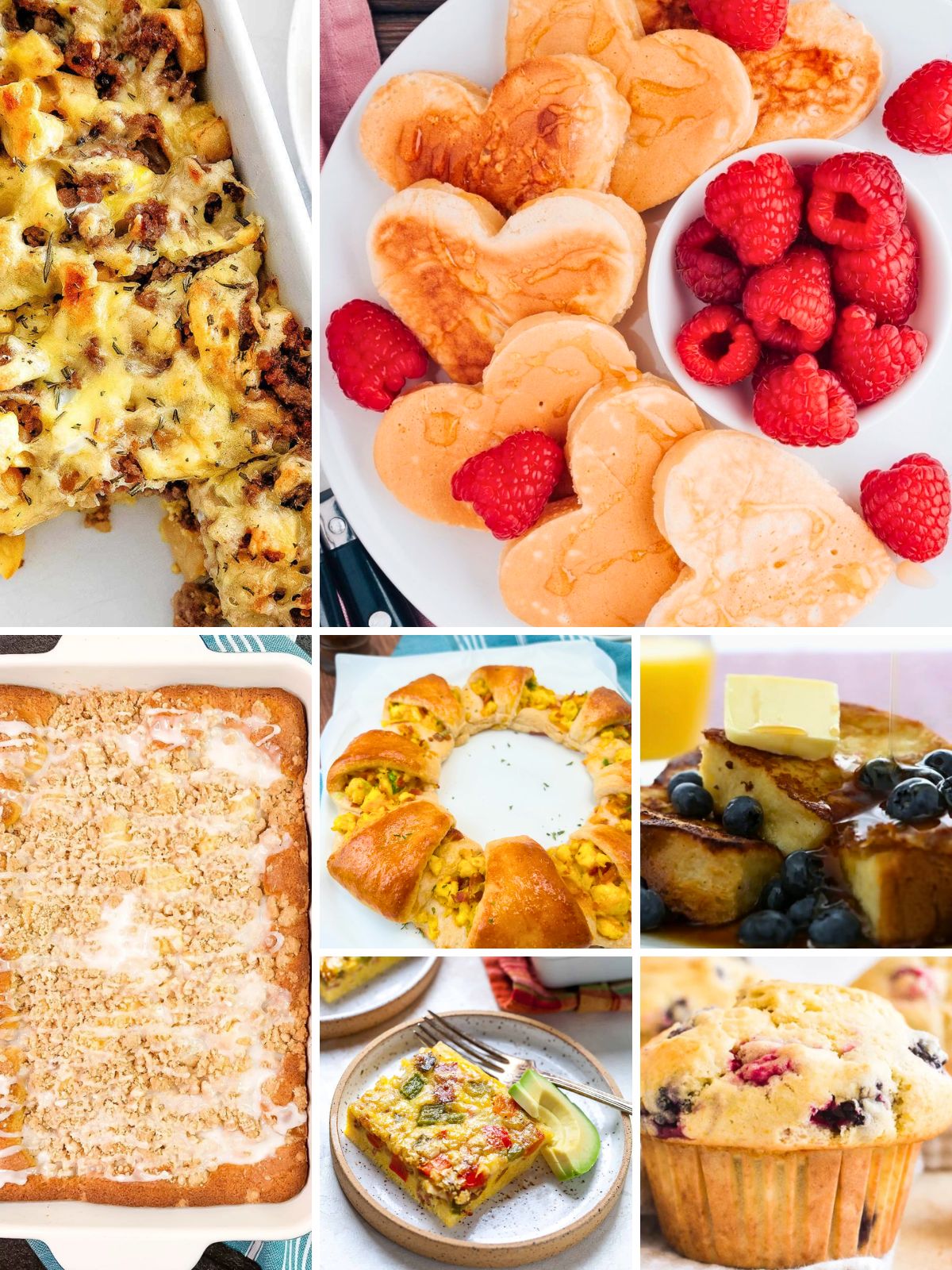 Mother’s Day brunch ideas collage featuring pancakes, quiche, cinnamon rolls, muffins, and brunch drinks.