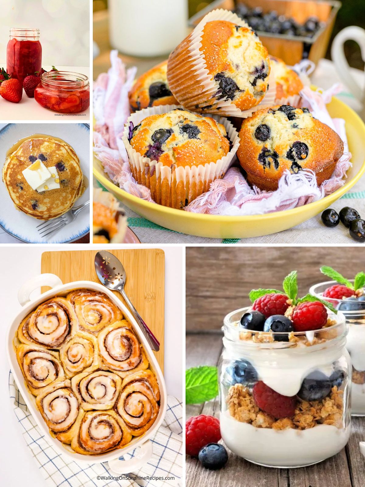 Easy Mother’s Day brunch recipes collage with sweet and savory dishes, casseroles, waffles, fruit parfait, and drinks.