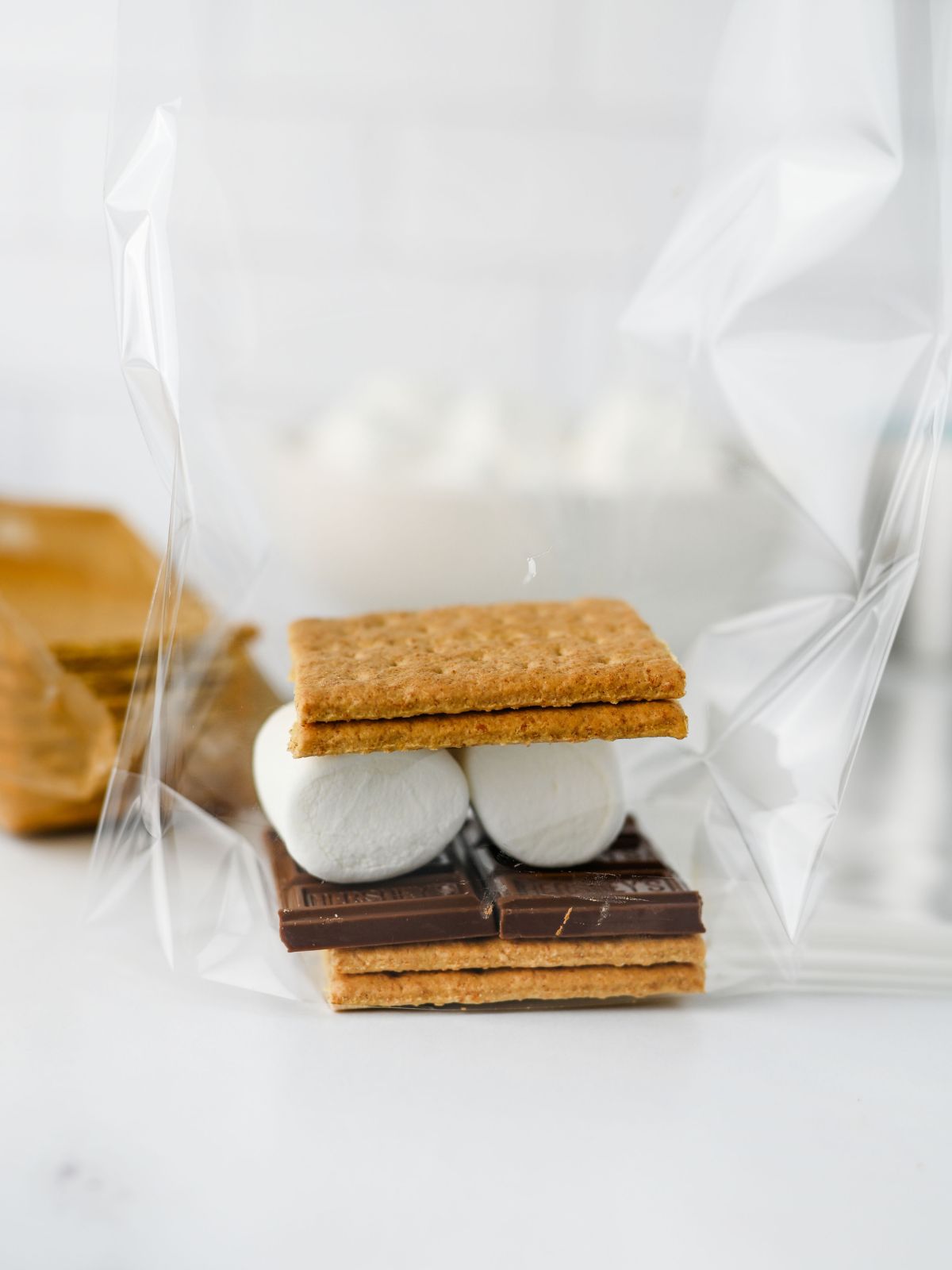 Close-up of s’mores snack pack with graham crackers, chocolate, and marshmallows ready to assemble.