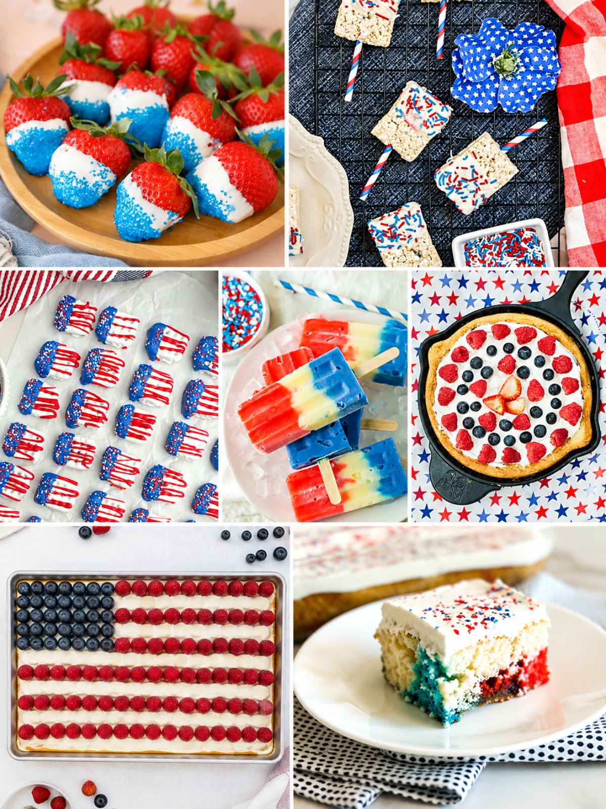 Collage of Memorial Day desserts including strawberries, Rice Krispie treats, pudding pops, berry desserts, and red white and blue treats.