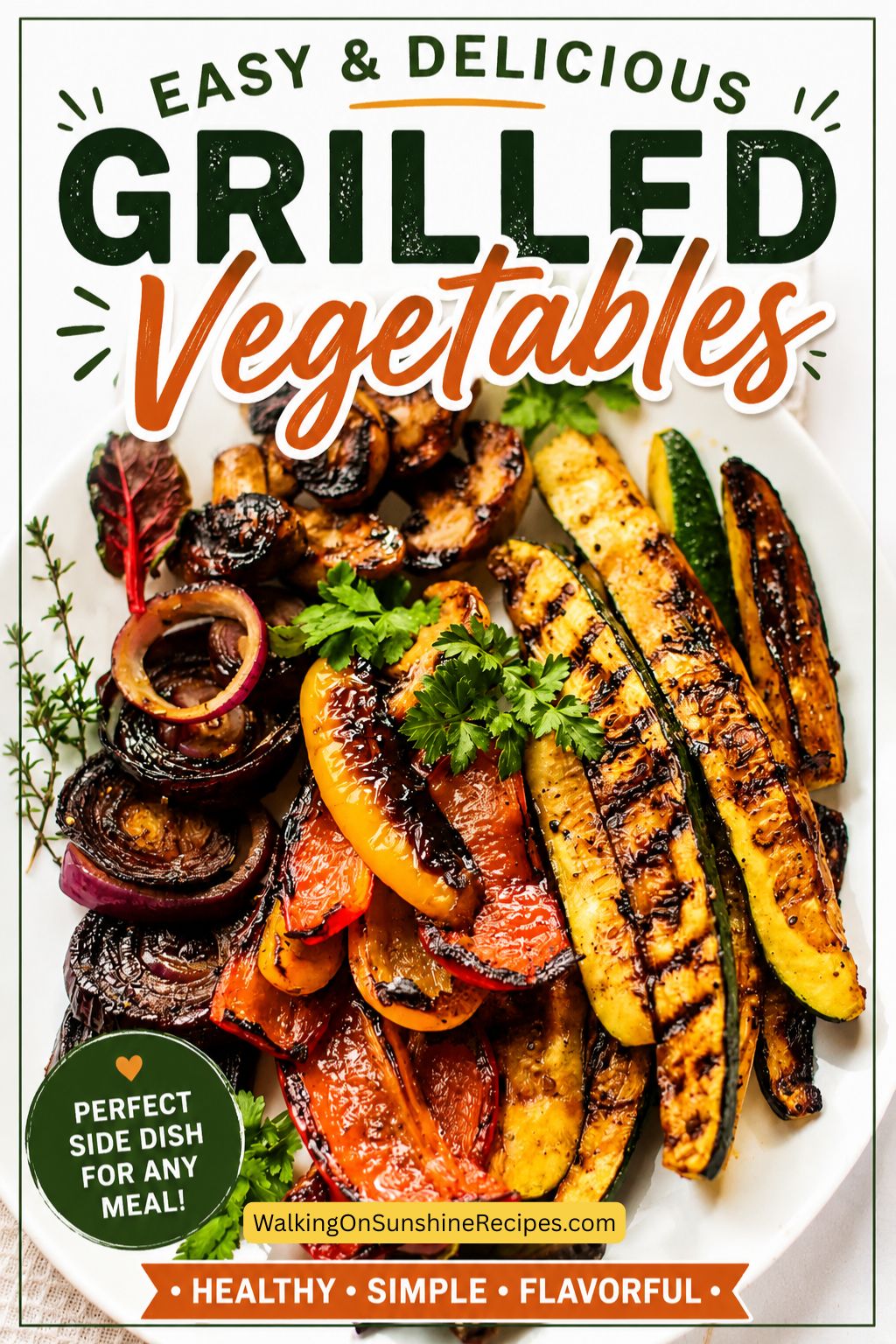 Easy grilled vegetables recipe featuring zucchini, bell peppers, red onion, and mushrooms cooked until tender with grill marks and served as a healthy side dish.