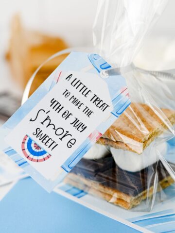 easy treat to make for summer smores in cellophane bag with printable gift tag.