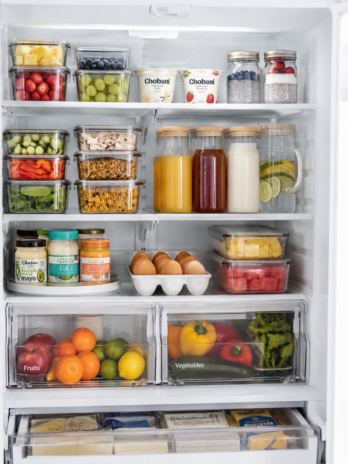 Organized refrigerator stocked with fresh fruit, vegetables, meal prep containers, yogurt, eggs, and labeled storage bins.