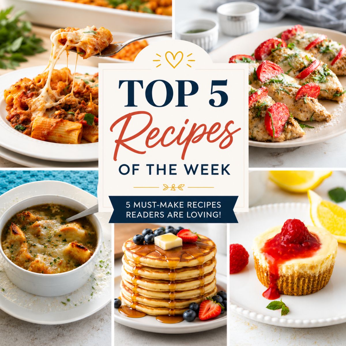 Top 5 Recipes of the Week collage featuring pasta, chicken, soup, pancakes, and mini cheesecake recipes from Walking On Sunshine Recipes.