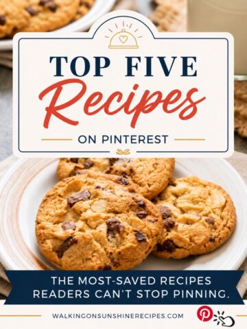 Chocolate chip cookies on a plate with Top Five Recipes on Pinterest text overlay for weekly trending recipe roundup.