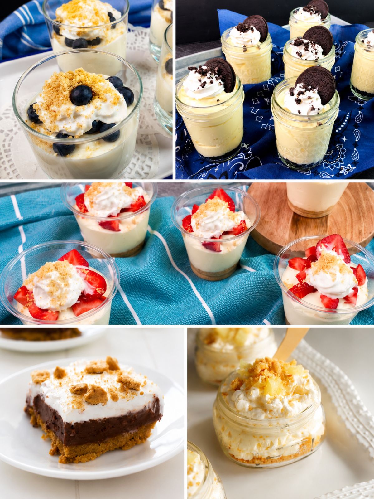 Collage of creamy no-bake dessert recipes featuring blueberry cheesecake pudding cups, Oreo cheesecake pudding jars, strawberry cheesecake pudding parfaits, pineapple cheesecake fluff jars, and a layered chocolate pudding dessert topped with whipped cream and cookie crumbs.