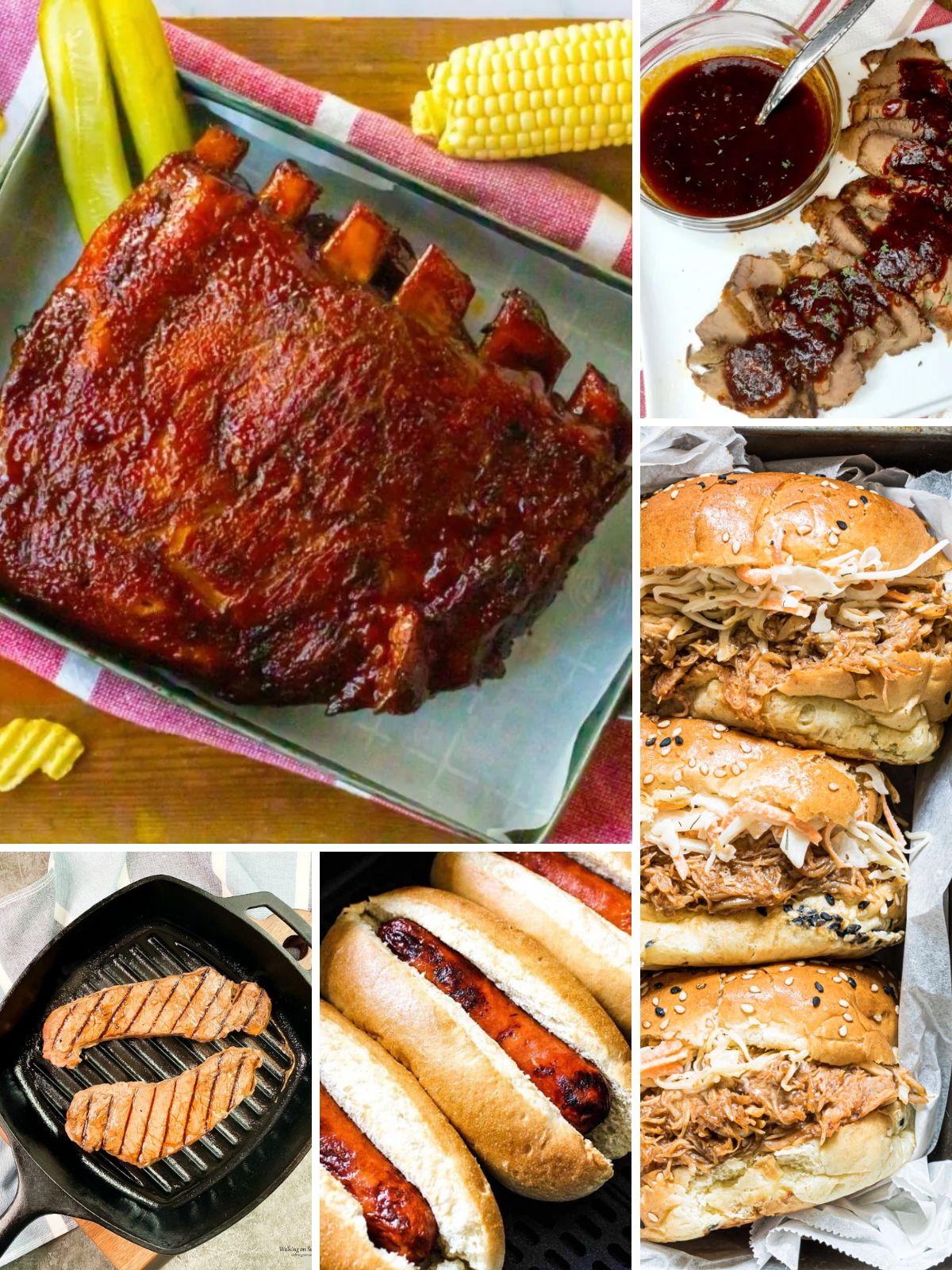 No Grill 4th of July recipe collage with barbecue ribs, pulled pork sandwiches, pork tenderloin, hot dogs, and steaks for a holiday cookout.
