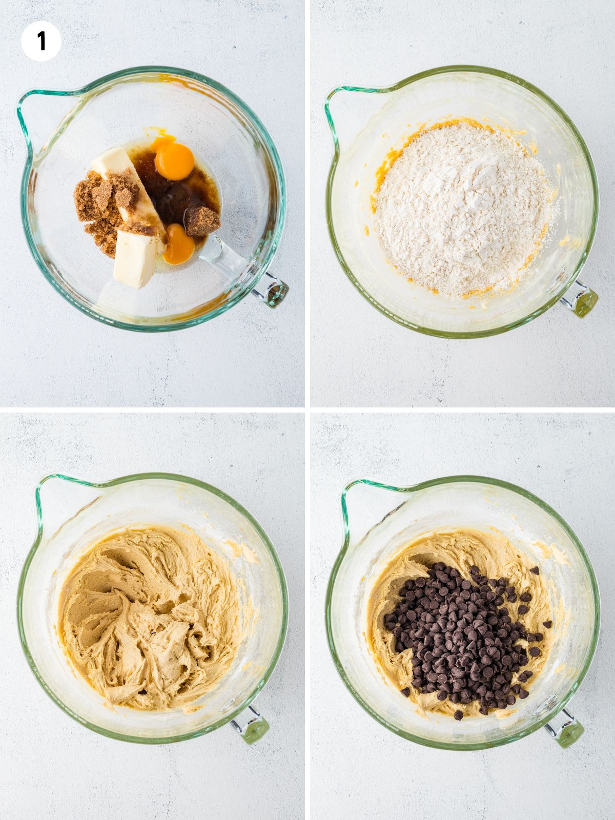 Step-by-step photos showing how to prepare chocolate chip cake batter by mixing ingredients, adding flour, and folding in chocolate chips.