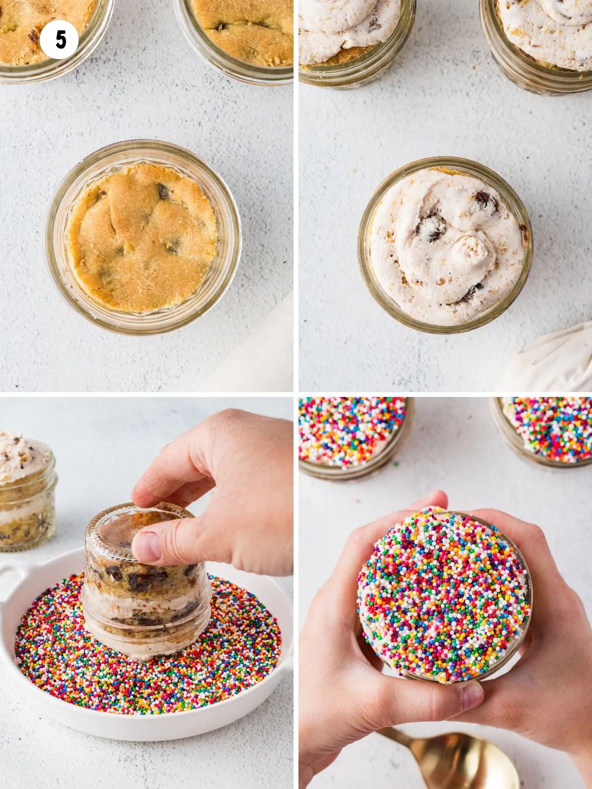 Step-by-step photos showing how to layer chocolate chip cake and frosting in mason jars before decorating with rainbow sprinkles.
