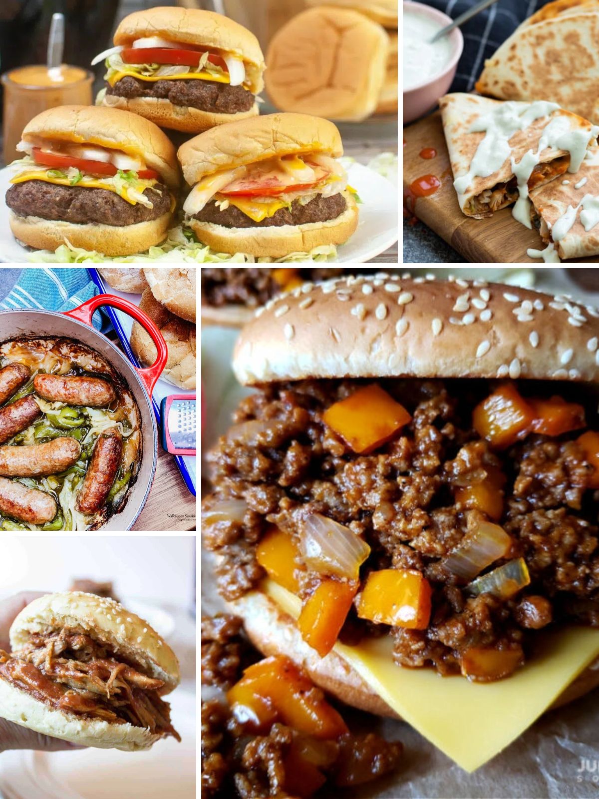 What to Serve on the 4th of July recipe collage featuring burgers, quesadillas, bratwurst, pulled pork sandwiches, and sloppy joes for an easy holiday menu.